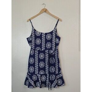 AQUA Embroidered Cotton Mini Dress Womens XL Blue White Boho Fit & Flare